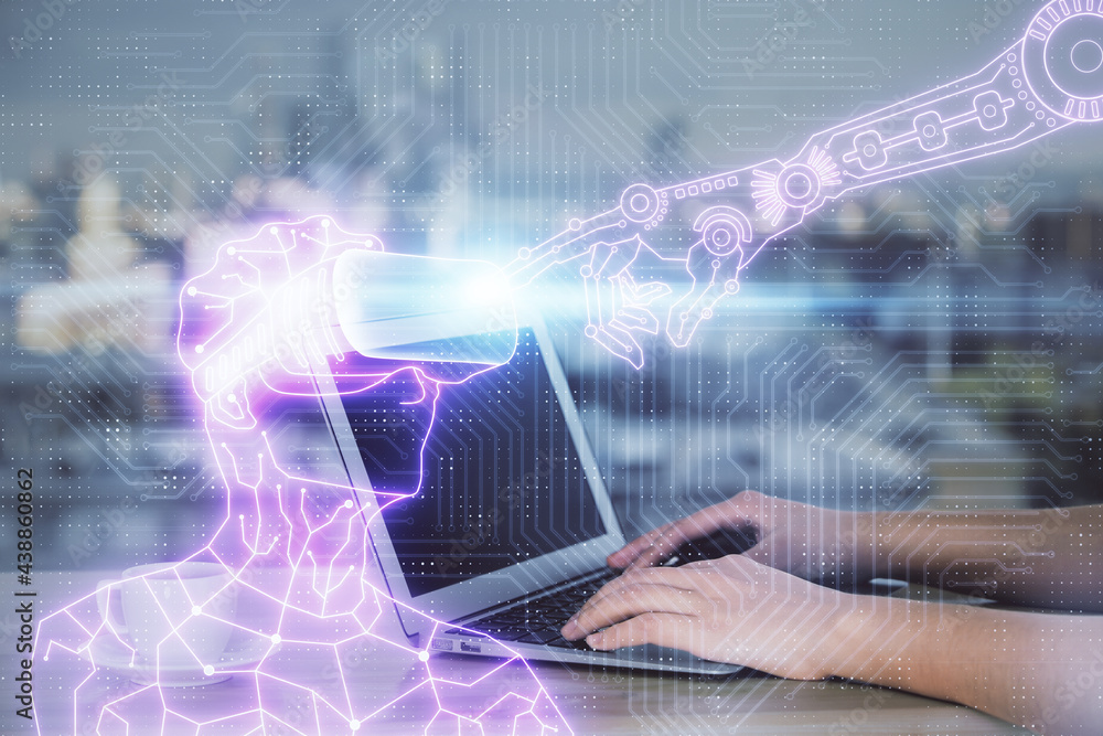 Double exposure of woman hands typing on computer and man in AR glasses drawing. Education concept. Double exposure of woman hands typing on computer and man in AR glasses drawing. Education concept.