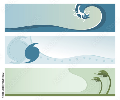A set of three banners featuring hurricane or inclement weather designs
