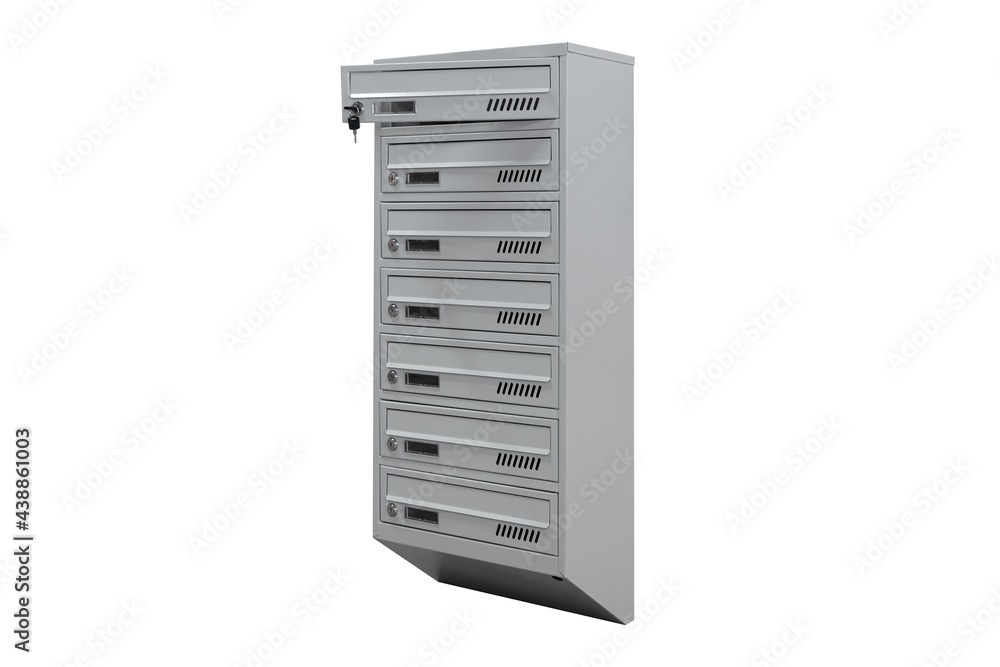 Mailboxes in the condo. metal mailbox with lockable center in condo. Mailbox on the white background isolated Mailboxes in the condo. metal mailbox with lockable center in condo. Mailbox on the white background isolated
