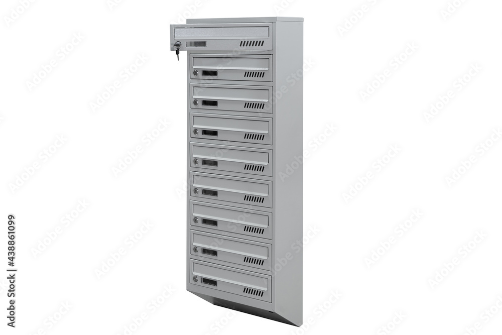 Mailboxes in the condo. metal mailbox with lockable center in condo. Mailbox on the white background isolated Mailboxes in the condo. metal mailbox with lockable center in condo. Mailbox on the white background isolated
