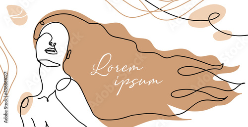 Hair salon banner, poster. Woman gorgeous long hair one line art. Hairdressers, signboard, banner, shop sign design. Girl,female minimalist vector portrait. For beauty salon, spa usage as background