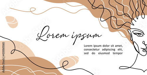 Half face woman vector banner, poster, background. Hair salon, hairdresser signboard in modern one line art style. Minimalist design with half face girl with long hair