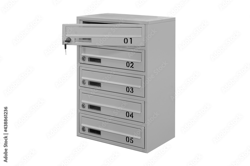 Mailboxes in the condo. metal mailbox with lockable center in condo. Mailbox on the white background isolated Mailboxes in the condo. metal mailbox with lockable center in condo. Mailbox on the white background isolated