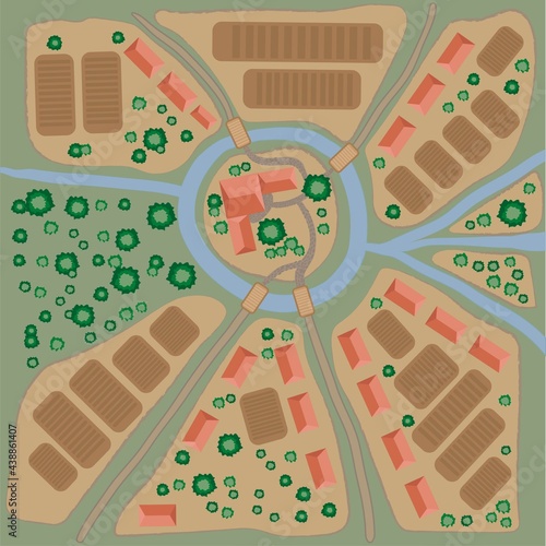 Aged fantasy vintage map with lawn, buildings, trees, hills, river. Hand drawn fairytale historic treasure map