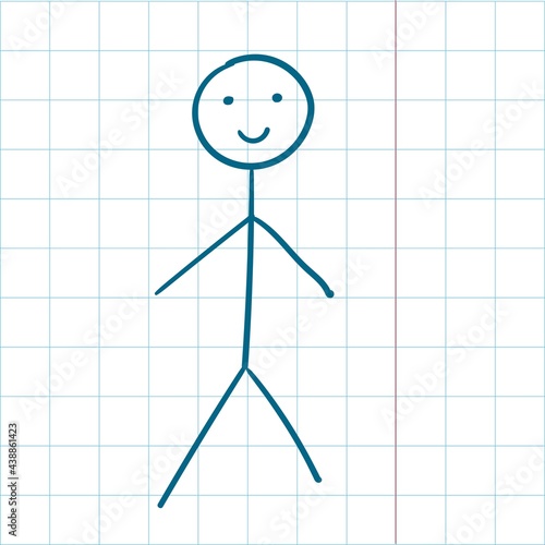 Free hand kids drawing of school copybook sheet primitive stickman. Back to school. Simple flat illustration