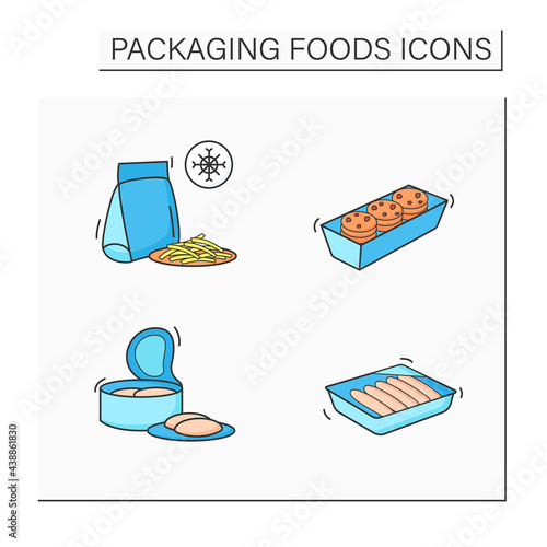 Packing foods color icons set. Cookies, sausages,canned tuna, frozen french fries. Protection, tampering resistance from bacteria. Meal concept. Isolated vector illustrations