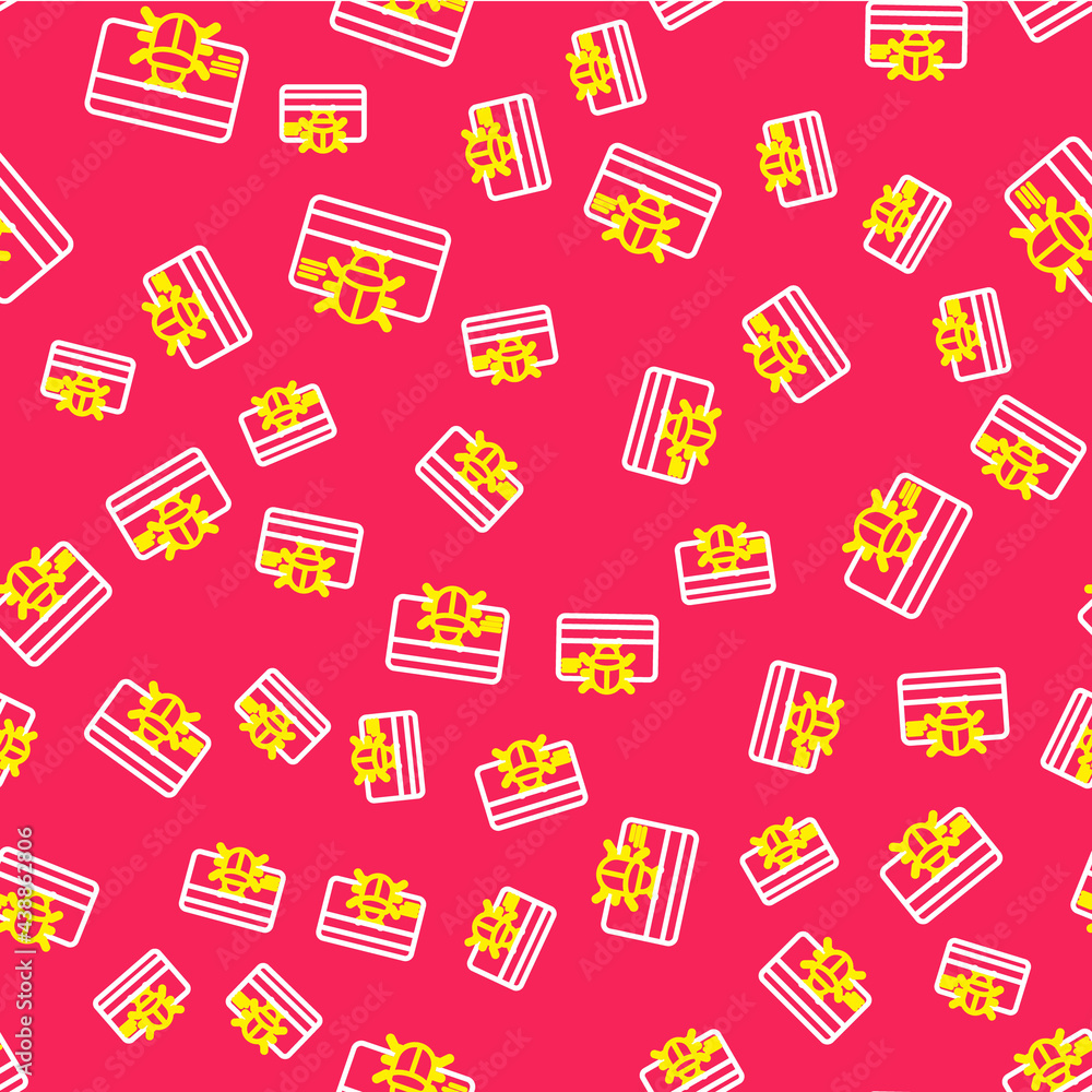Line System bug in credit card icon isolated seamless pattern on red background. Code bug concept. Bug in the system. Bug searching. Vector Line System bug in credit card icon isolated seamless pattern on red background. Code bug concept. Bug in the system. Bug searching. Vector