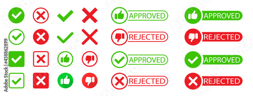 Approved and rejected set. Yes and No. Right and Wrong. Check mark. Green approval sign vector with check mark. Approved or Certified icon. Vector illustration.