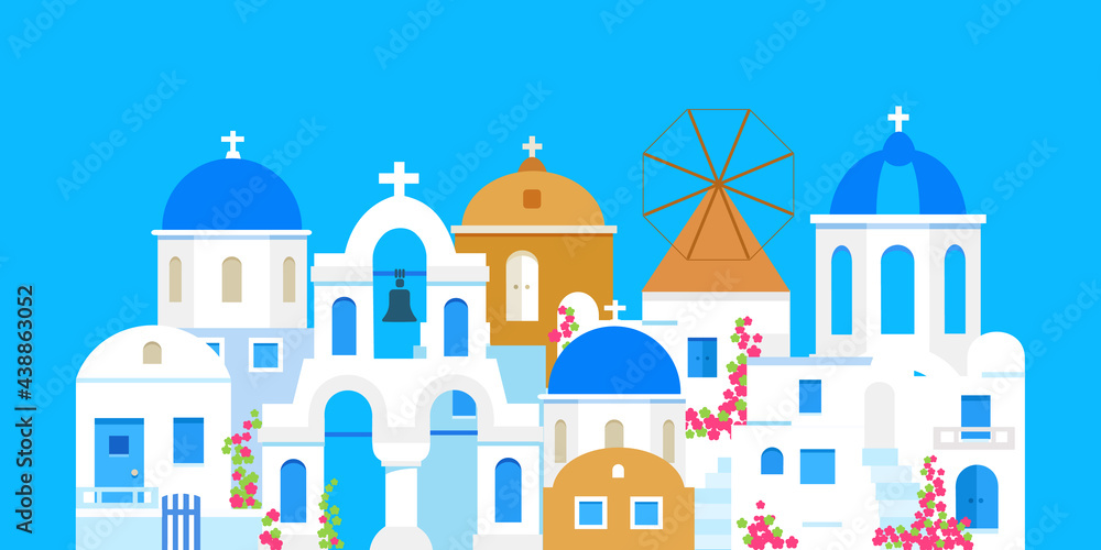 Santorini. Greece. Buildings of traditional architecture. Traditional Greek white houses with blue roofs, churches and a mill. Vector flat illustration.