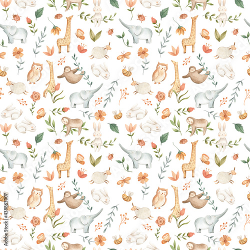 Photography Watercolor baby animals for nursery pattern illustration white
