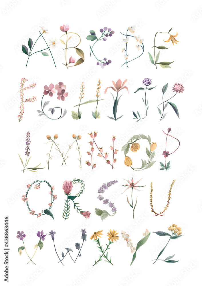 Botanical alphabet watercolor illustration wildflowers letters - obrazy, fototapety, plakaty 
