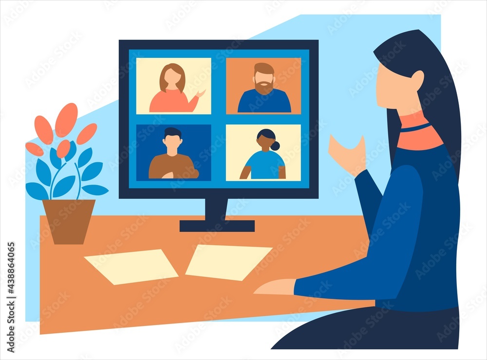 Concept of virtual meeting, video conference, webinar. Flat image isolated on white background. Young woman at the computer chatting with friends. Remote work, work at home. Concept of virtual meeting, video conference, webinar. Flat image isolated on white background. Young woman at the computer chatting with friends. Remote work, work at home.