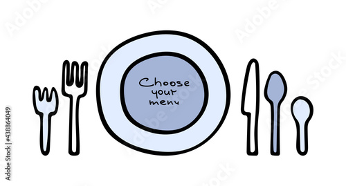 Set of cutlery and plates in doodle style. Plate, forks, knives and spoons. Lettering Choose your menu. Icons can be used to illustrate the menu of a restaurant, cafe, kitchen decor, prints, textiles.
