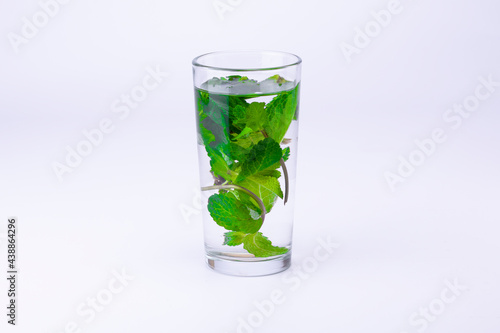 Glass with transparent alcohol liquid and mint leaves isolated on white background.
