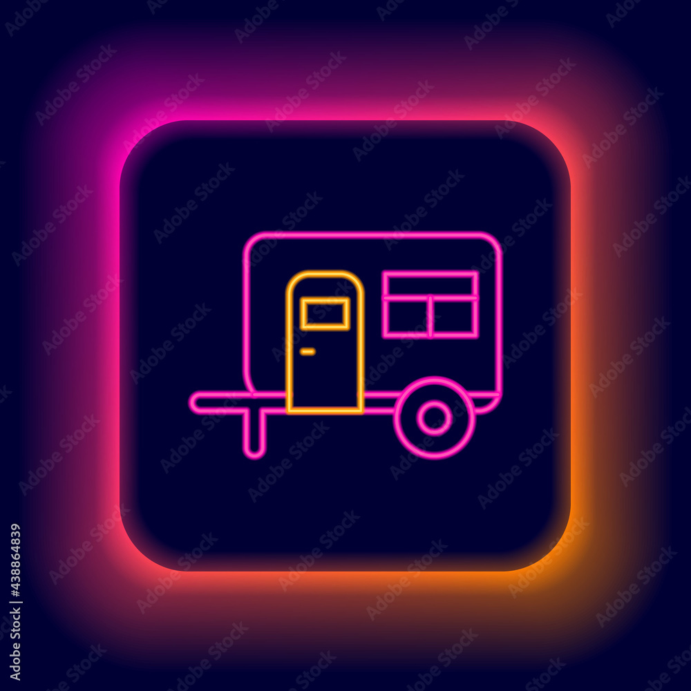Glowing neon line Rv Camping trailer icon isolated on black background. Travel mobile home, caravan, home camper for travel. Colorful outline concept. Vector Glowing neon line Rv Camping trailer icon isolated on black background. Travel mobile home, caravan, home camper for travel. Colorful outline concept. Vector
