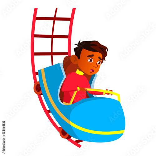 scared indian boy riding roller coaster in amusement park cartoon vector. scared indian boy riding roller coaster in amusement park character. isolated flat cartoon illustration