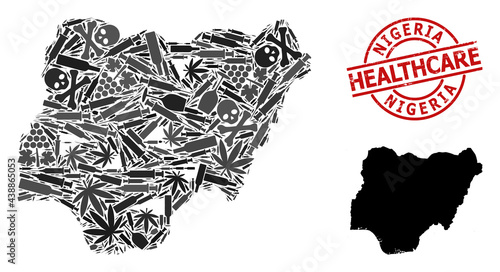 Vector drugs collage map of Nigeria. Grunge health care round red stamp. Template for narcotic addiction and health care collages. Map of Nigeria is formed with inoculation needles, toxic, dose,