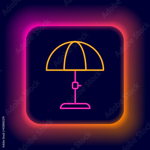 Glowing neon line Sun protective umbrella for beach icon isolated on black background. Large parasol for outdoor space. Beach umbrella. Colorful outline concept. Vector