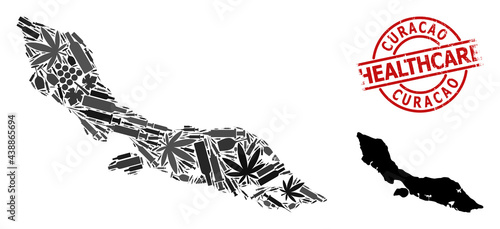 Vector addiction composition map of Curacao Island. Rubber health care round red rubber imitation. Concept for narcotic addiction and healthcare promotion.