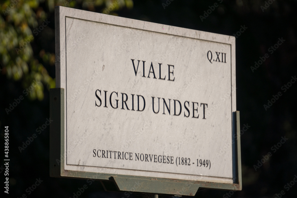 Viale Sigrid Undset street name sign in Rome, Italy