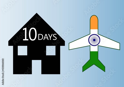 Cuarentena de 10 días para viajes procedentes de la India. Icono de casa  con texto de 10 días y avión con la bandera de la India como precaución por la variante india del covid-19