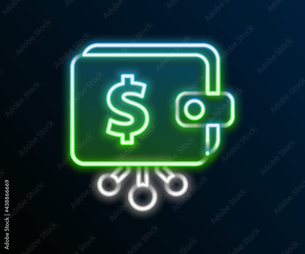 Glowing neon line Cryptocurrency wallet icon isolated on black background. Wallet and bitcoin sign. Mining concept. Money, payment, cash, pay icon. Colorful outline concept. Vector Glowing neon line Cryptocurrency wallet icon isolated on black background. Wallet and bitcoin sign. Mining concept. Money, payment, cash, pay icon. Colorful outline concept. Vector