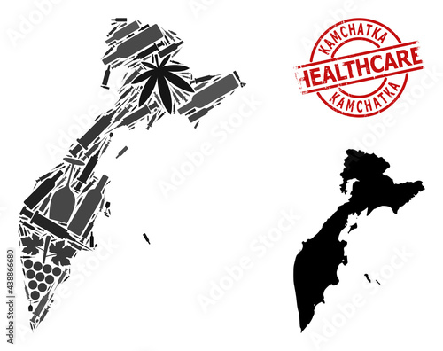 Vector addiction mosaic map of Kamchatka Peninsula. Scratched healthcare round red rubber imitation. Concept for narcotic addiction and healthcare purposes.