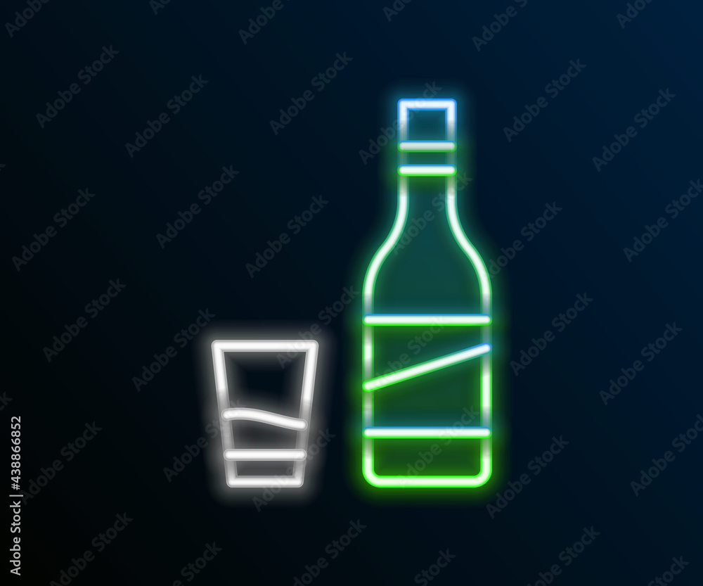 Glowing neon line Bottle of vodka with glass icon isolated on black background. Colorful outline concept. Vector Glowing neon line Bottle of vodka with glass icon isolated on black background. Colorful outline concept. Vector