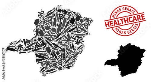 Vector narcotic composition map of Minas Gerais State. Grunge healthcare round red seal stamp. Template for narcotic addiction and safety agitation.