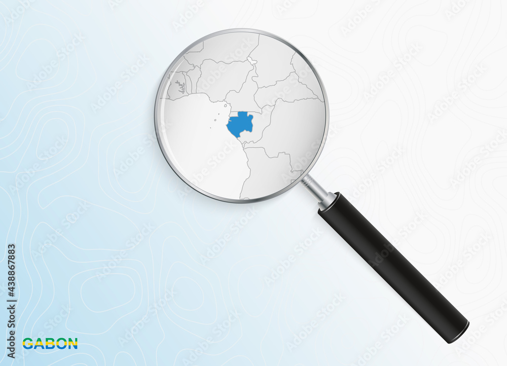 Magnifier with map of Gabon on abstract topographic background.