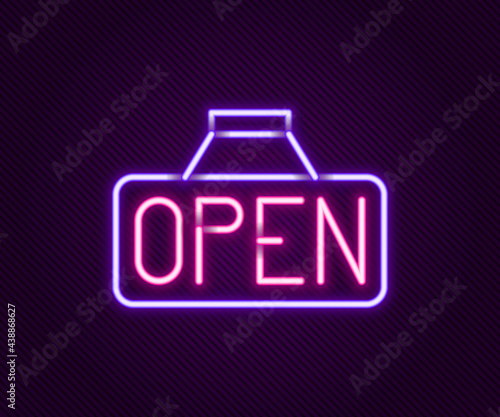 Glowing neon line Hanging sign with text Open door icon isolated on black background. Colorful outline concept. Vector