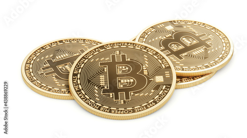 Golden coins with bitcoin symbol. Render 3D. Bitcoin. Cryptocurrency. Digital currency. Isolated on white background