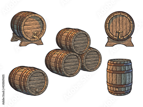 Vintage set of old wooden barrels for beer, wine, whisky, rum in different positions. Vector illustration.