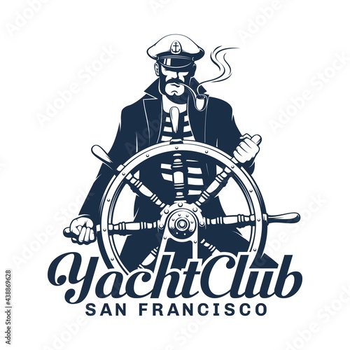 Yacht club logo with seaman helmsman. Captain hold helm - sea emblem. Vector illustration.