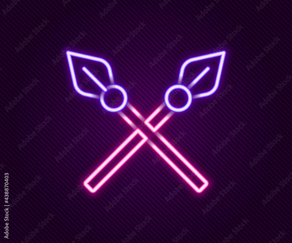 Glowing neon line Crossed medieval spears icon isolated on black background. Medieval weapon. Colorful outline concept. Vector Glowing neon line Crossed medieval spears icon isolated on black background. Medieval weapon. Colorful outline concept. Vector