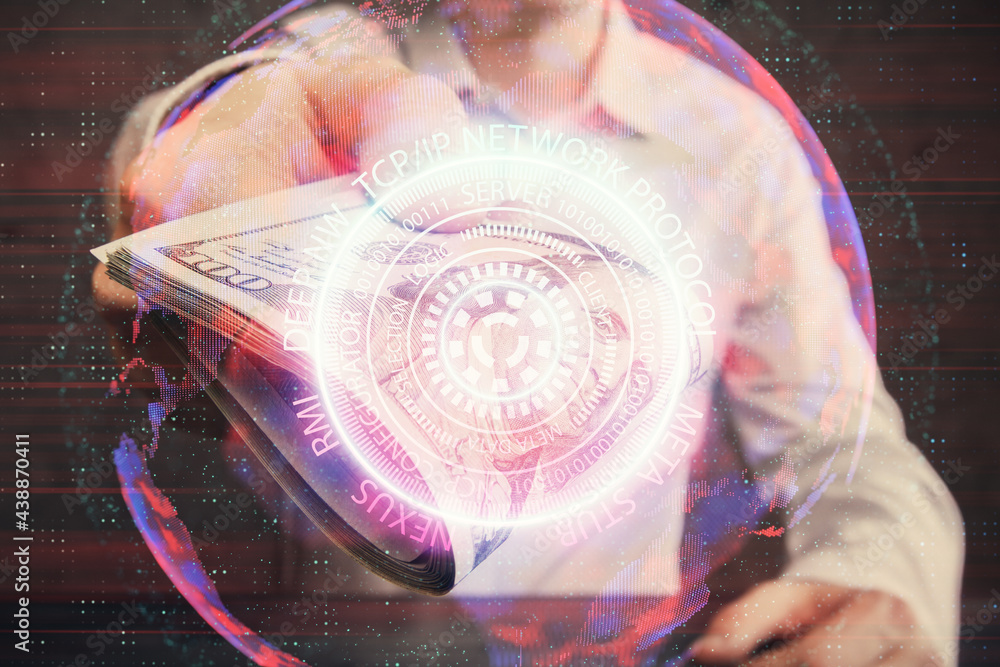 Fototapeta premium Multi exposure of Tech drawing hologram and USA dollars bills and man hands. Technology concept.