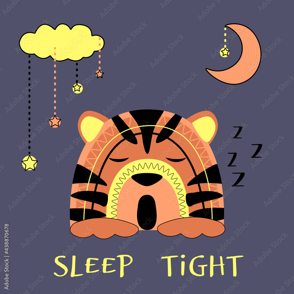 custom made wallpaper toronto digitalCute tiger cub sleeps sweetly under the moon and cloud. Orange animal with decor on blue background, vector illustration isolated.