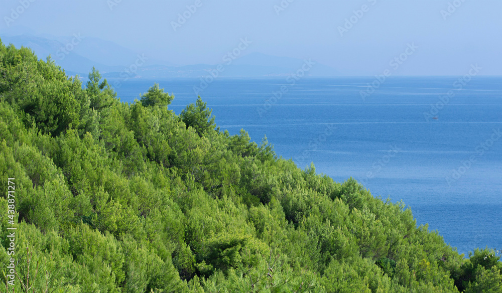 lanscape, blue sea and green mountain trees, nature backgrounds,  view from top 