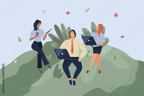 Office workers sitting on green lawn. Concept of good comfortable environment at work, favorable psychological climate,high pay and freedom of creativity for employees. Vector flat illustration