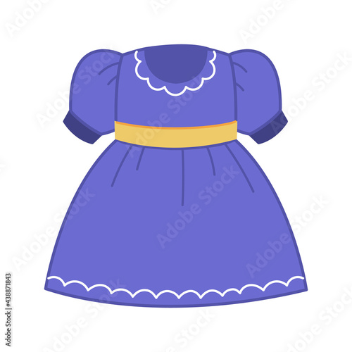 Lush dress with blue lantern sleeves. Summer clothes for kids girls. Vector illustration of clothes, isolated on white background. Flat minimalism style in trendy colors. Part of the wardrobe