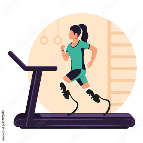 A girl with prosthetic legs runs on a treadmill. A disabled woman is running. Rehabilitation for Physically Disabled.