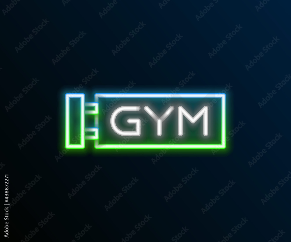 Glowing neon line Location gym icon isolated on black background. Colorful outline concept. Vector Glowing neon line Location gym icon isolated on black background. Colorful outline concept. Vector