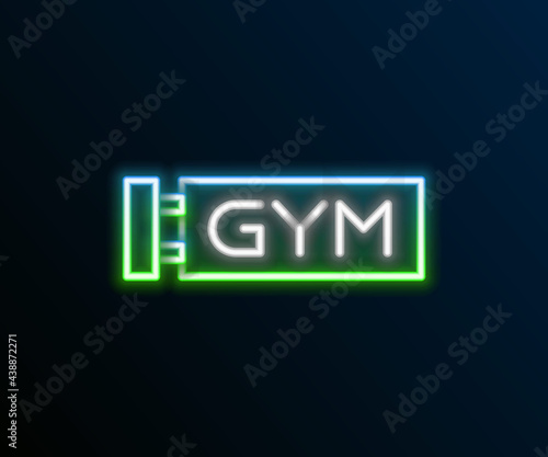 Glowing neon line Location gym icon isolated on black background. Colorful outline concept. Vector