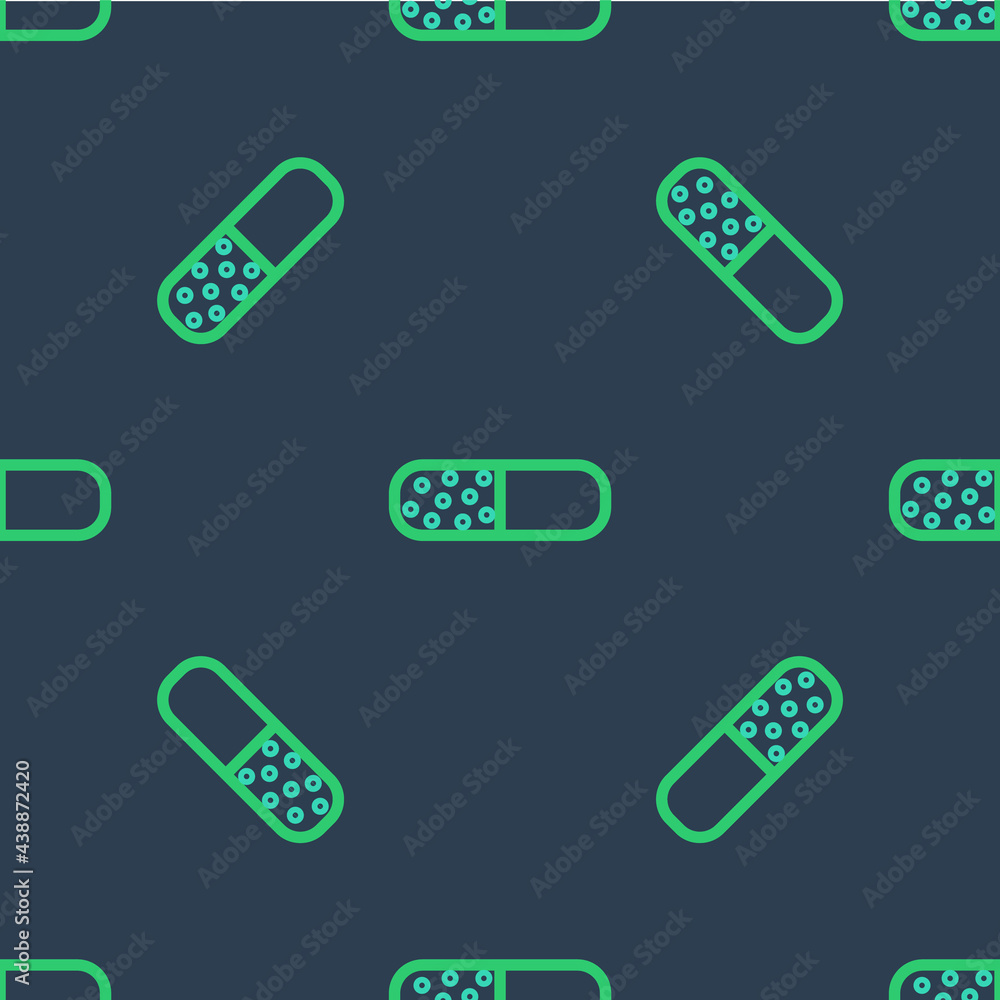 Line Vitamin complex of pill capsule icon isolated seamless pattern on blue background. Healthy lifestyle. Vector Line Vitamin complex of pill capsule icon isolated seamless pattern on blue background. Healthy lifestyle. Vector