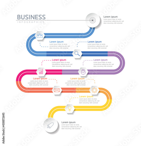 Vector illustration infographics design template, business information, presentation chart, with 9 options or steps. 