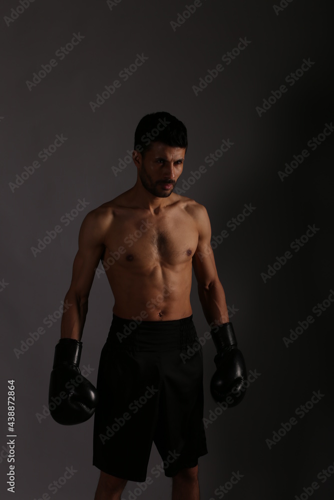 Young boxer on gray background