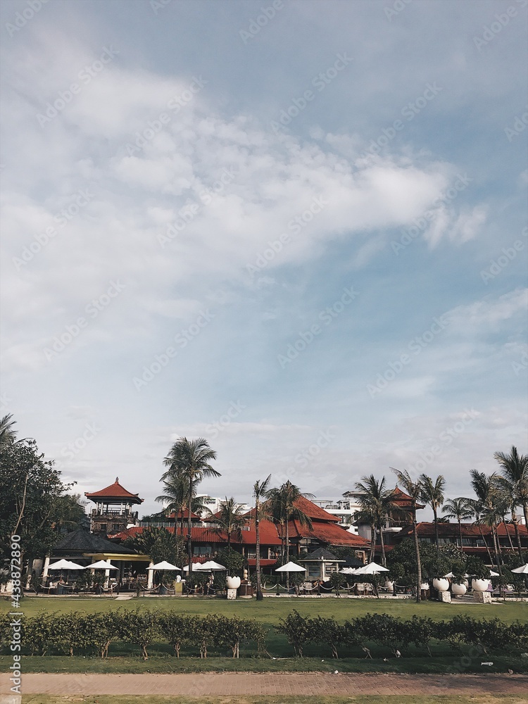 View of clear white clouds and tropical island Bali