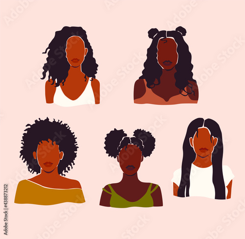 Black abstract woman with curly hair. Faceless girl portrait.