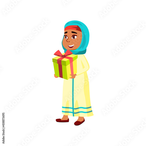 cute muslim girl getting gift box on birthday cartoon vector. cute muslim girl getting gift box on birthday character. isolated flat cartoon illustration