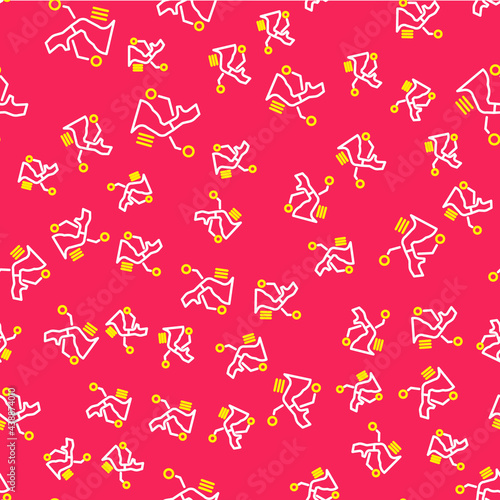 Line Prosthesis hand icon isolated seamless pattern on red background. Futuristic concept of bionic arm, robotic mechanical hand. Vector